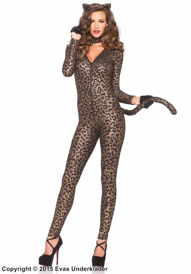 Leopard, maskerad-jumpsuit med dragkedja på framsidan, svans och skimrande lurex